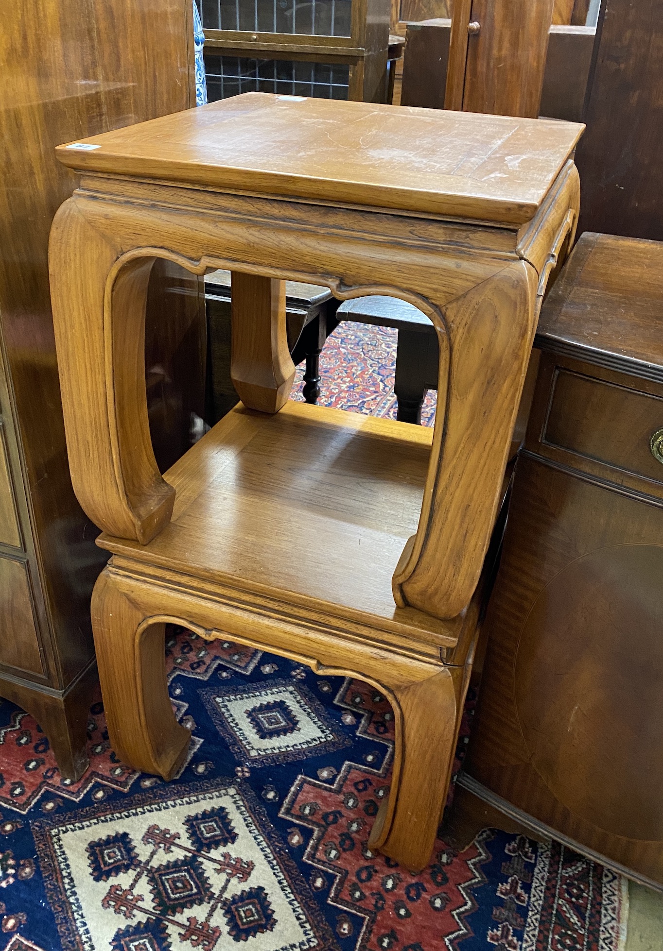 A pair of Chinese square hardwood occasional tables, width 53cm, height 51cm